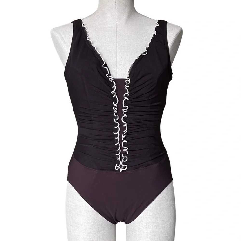 Profile By Gottex Brown One-Piece Swimsuit With Center Mesh Ruching Size 12 NWT